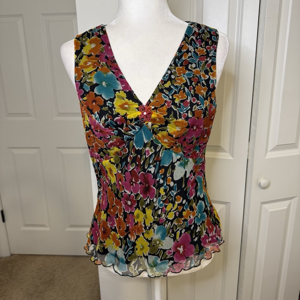 Spenser Jeremy Silk Tank Top Sz M Floral Multicolor Chiffon Lined Beads Brooch